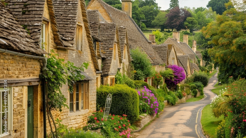 A charming village in the Cotswolds, with thatched-roof cottages, blooming gardens, and cobblestone streets A charming village in the Cotswolds, with thatched-roof cottages, blooming gardens, and cobblestone streets