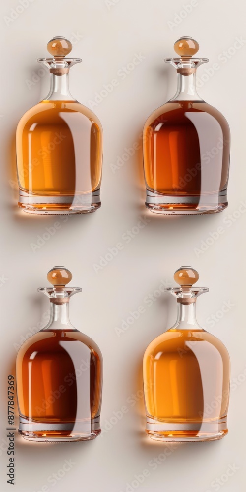 Elegant arrangement of four glass decanters with amber liquid on a light background. Perfect for concepts of luxury, refinement, and opulence. Elegant arrangement of four glass decanters with amber liquid on a light background. Perfect for concepts of luxury, refinement, and opulence.