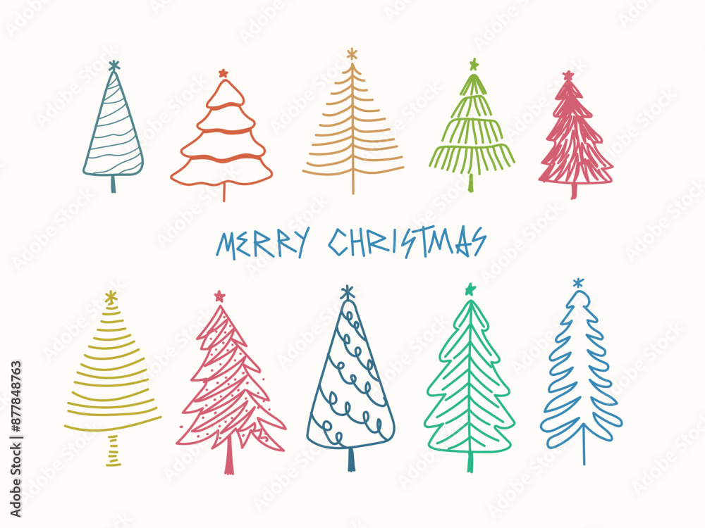 Obraz premium Merry christmas hand drawn christmas trees vector. Holidays greetings ornament