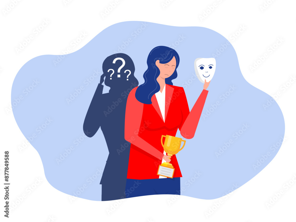Imposter syndrome.woman standing for her present profile with fear after door . Anxiety and lack of self confidence at work; the person fakes is someone else concept