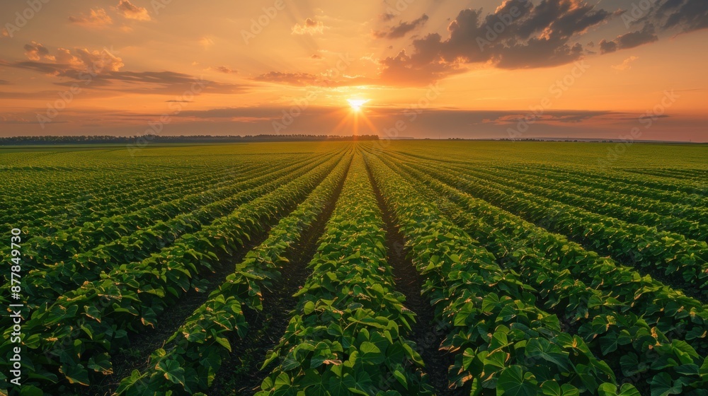Sunset Over Rows of Crops in a Lush Field Sunset Over Rows of Crops in a Lush Field