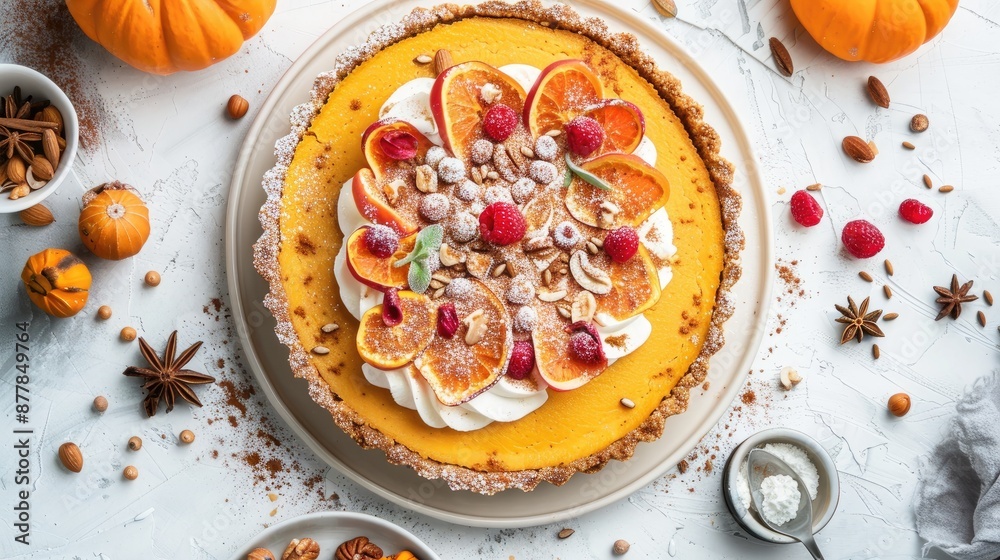 Pumpkin pie topped with cream spices fruits nuts and flowers on white table Pumpkin pie topped with cream spices fruits nuts and flowers on white table