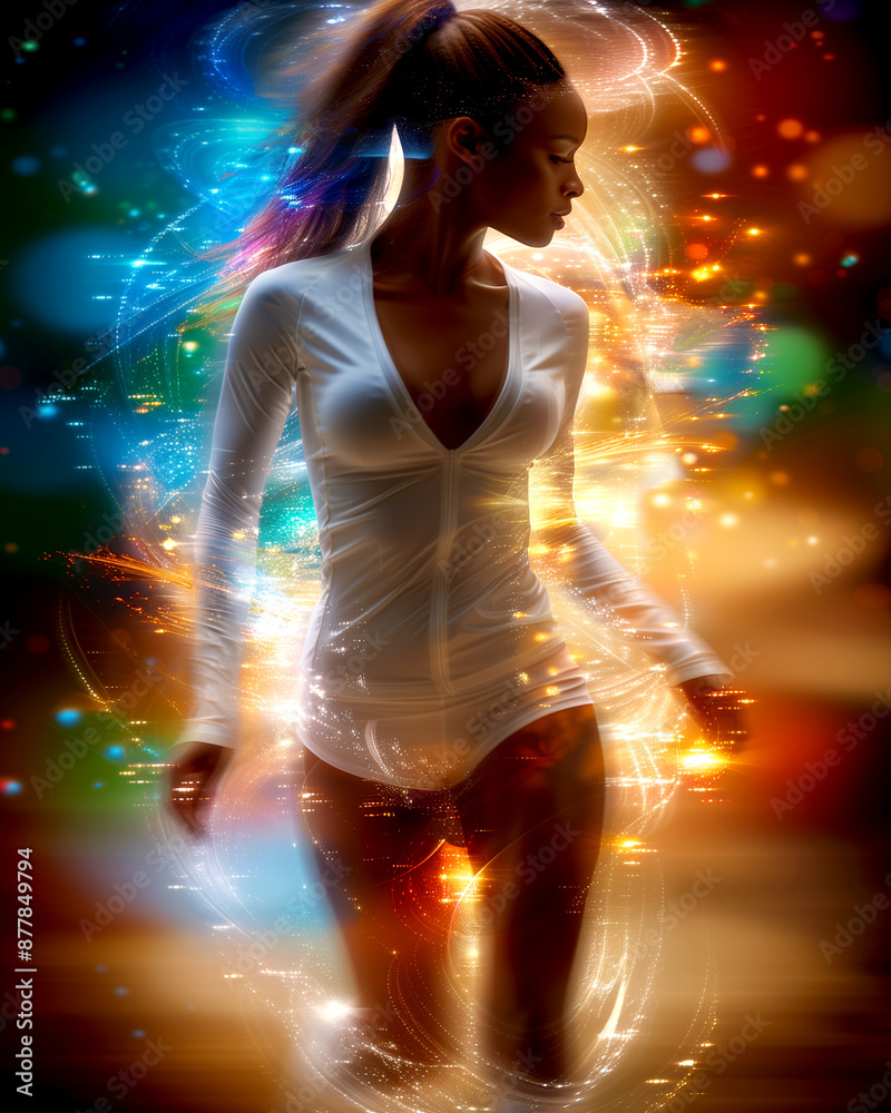 A woman is walking in a colorful, glowing environment. The colors are vibrant and the lighting is bright, creating a sense of energy and excitement. The woman is enjoying the atmosphere A woman is walking in a colorful, glowing environment. The colors are vibrant and the lighting is bright, creating a sense of energy and excitement. The woman is enjoying the atmosphere
