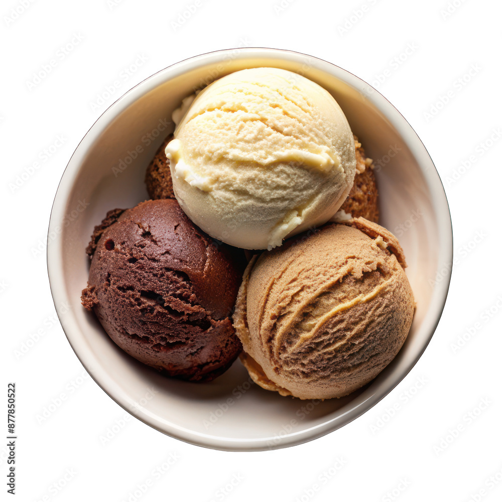 Chocolate and vanilla ice cream on white bowl top view on transparent Chocolate and vanilla ice cream on white bowl top view on transparent