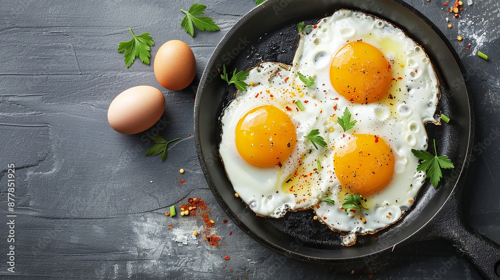 Huevos fritos en sartén con perejil y especias
Huevos fritos en sartén con perejil y especias