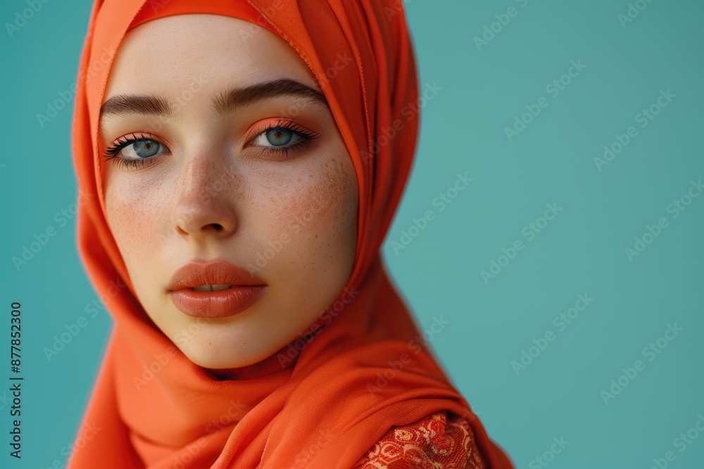 Portrait of a Woman in a Coral Headscarf Portrait of a Woman in a Coral Headscarf