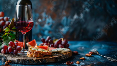 Vino tinto con uvas y queso en tabla rústica

