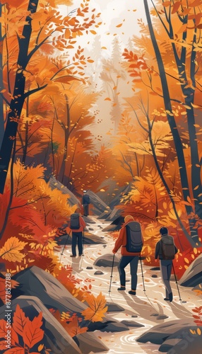 Hikers trek through a vibrant autumn forest, the path illuminated by warm sunlight filtering through the colorful foliage. photo