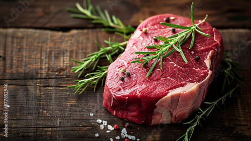 Filete de carne cruda con romero y granos de pimienta sobre mesa de madera

