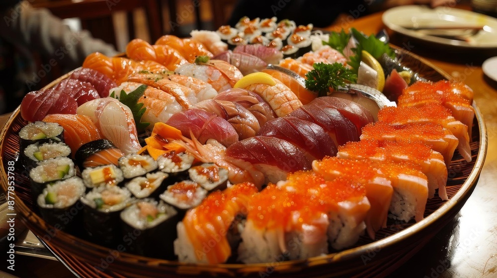 Display of sushi, arranged on a large wooden platter. The assortment includes a variety of sushi types such as nigiri, maki rolls, and sashimi.