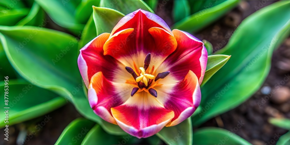 Beautiful close-up of a vibrant red and yellow tulip in full bloom, surrounded by lush green leaves, showcasing intricate petal details.
Beautiful close-up of a vibrant red and yellow tulip in full bloom, surrounded by lush green leaves, showcasing intricate petal details.