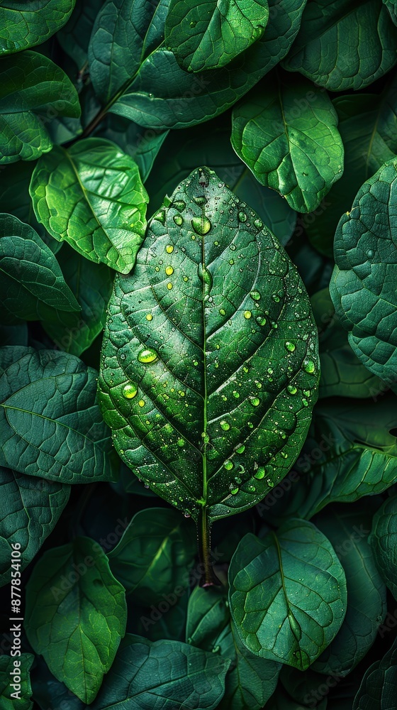 Fototapeta premium Close-up of a vibrant green leaf covered in water droplets, nestled among other lush foliage in a forest setting.