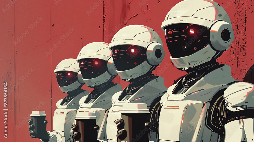 Human Robot Bankers Drinking Giant Cups of Coffee Human Robot Bankers Drinking Giant Cups of Coffee