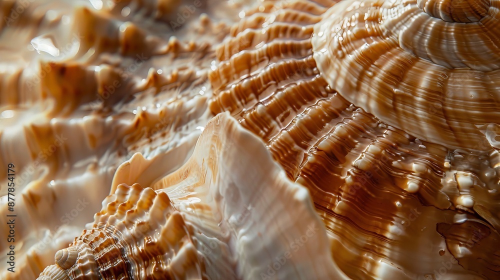 A detailed view of a seashell, highlighting the ridged and smooth textures and the natural patterns on its surface