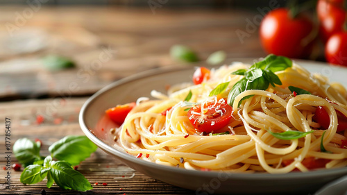 Espaguetis con tomate y albahaca en un plato

