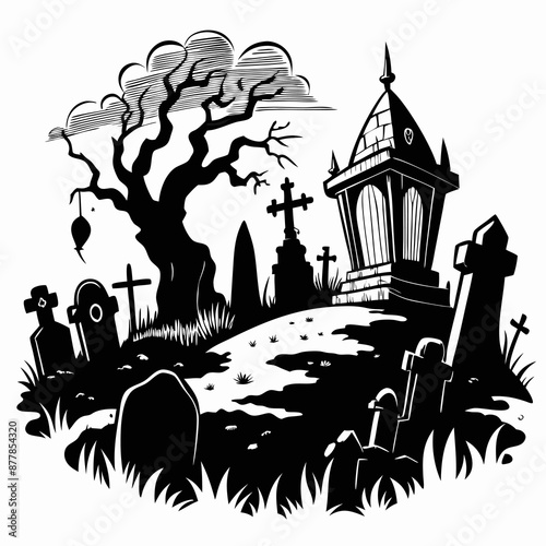 Spooky Graveyard with Haunted Tree and Gothic Tombstone at Night