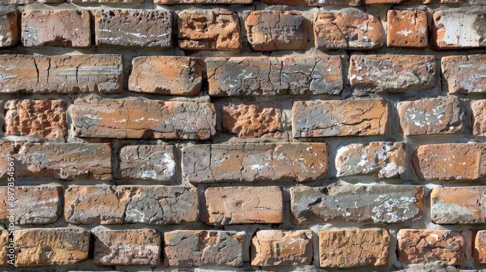 Fototapeta premium A detailed view of a brick wall, highlighting the rough, aged texture and the variations in the bricks and mortar