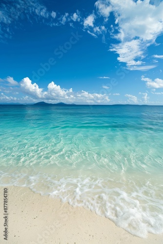 A crystal-clear day at the beach, with azure waters stretching to the horizon and soft white sand between your toes, Generative AI