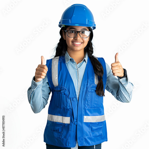 Ingeniera con casco azul y chaleco reflectante mostrando pulgares arriba

