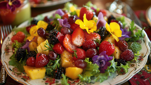 Ensalada de frutas frescas con flores comestibles