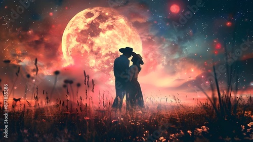 romantic poster for Valentine's Day. A romantic and whimsical pink bohemian landscape featuring a cowboy pair. photo