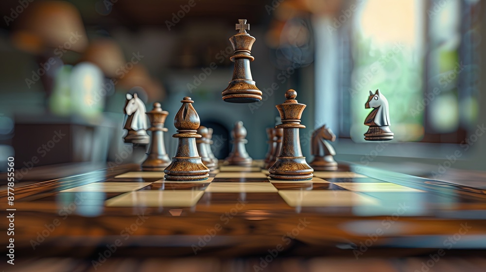 Chess Pieces in Mid-Air Above a Wooden Chessboard Chess Pieces in Mid-Air Above a Wooden Chessboard