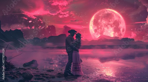 romantic poster for Valentine's Day. A romantic and whimsical pink bohemian landscape featuring a cowboy pair. © kinza