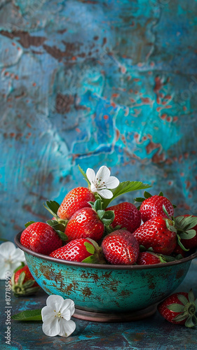 Fresas frescas en un tazón decorado con flores blancas