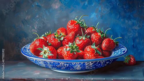 Bodegón de fresas en un plato azul y blanco