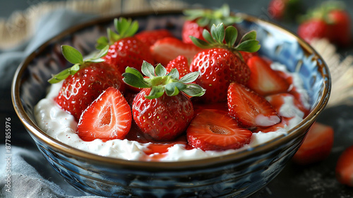 Fresas frescas sobre un tazón de yogurt