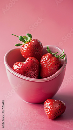 Tazón de fresas con forma de corazón en fondo rosa