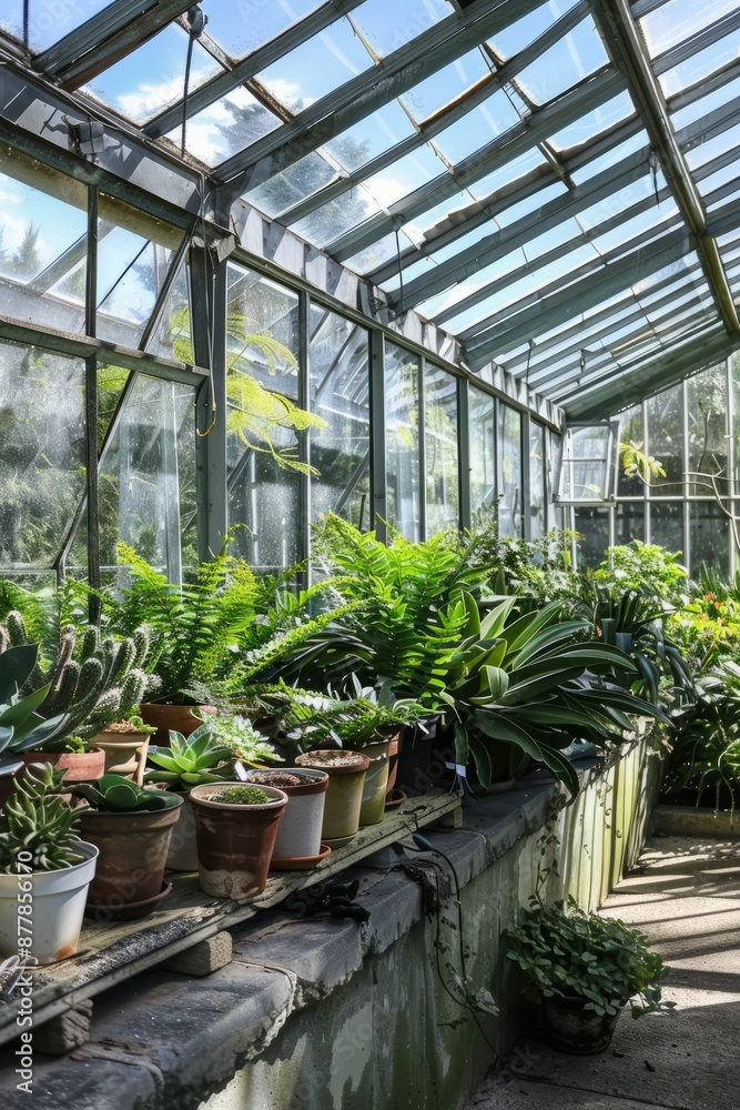 Crystal-clear windows in a greenhouse, allowing sunlight to flood in and nurture the plants within, Generative AI Crystal-clear windows in a greenhouse, allowing sunlight to flood in and nurture the plants within, Generative AI