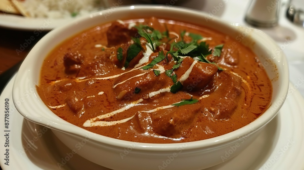 Flavorful chicken curry garnished with herbs delicious traditional food cuisine homemade dish meal