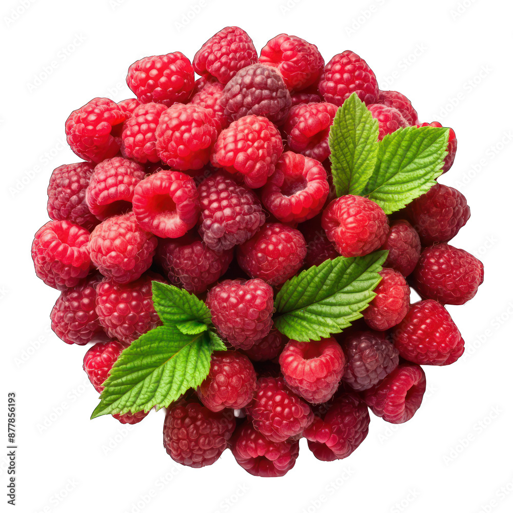 Fresh ripe raspberries top view with copy space isolated on transparent background Fresh ripe raspberries top view with copy space isolated on transparent background
