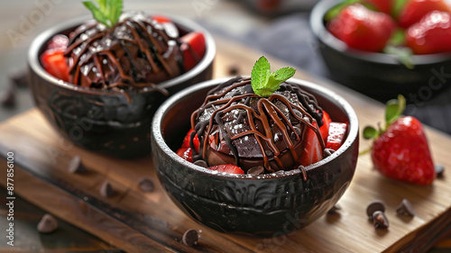 Postre de helado de chocolate con fresas