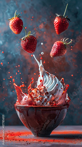 Helado con fresas en una explosión de sabor