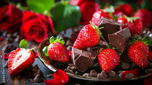 Fresas frescas con trozos de chocolate y pétalos de rosa