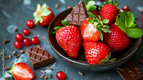 Acercamiento de un tazón de fresas con chocolate