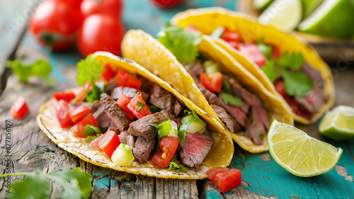 Tacos de carne asada con aguacate y tomate