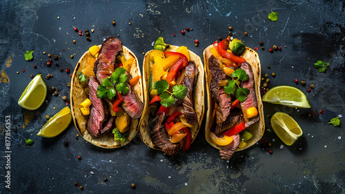 Tacos de carne asada con pimientos y cilantro