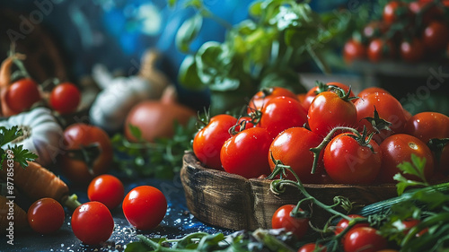 Bodegón de tomates frescos con otras verduras