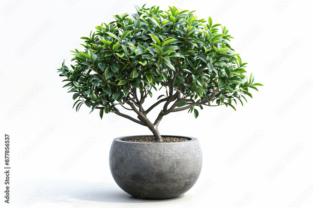 A tall ficus tree in a modern pot clipart, realistic rendering, dense foliage, isolated on white background A tall ficus tree in a modern pot clipart, realistic rendering, dense foliage, isolated on white background