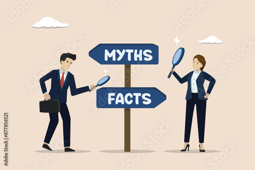 Fact vs Myth, truth or lie, trustworthy or not, fraud or wrong direction concept, business people with Fact vs Myth direction sign.