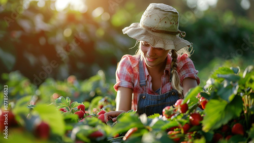 Agricultora recolectando fresas bajo el sol de la mañana