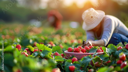 Cosecha de fresas en el campo al amanecer
