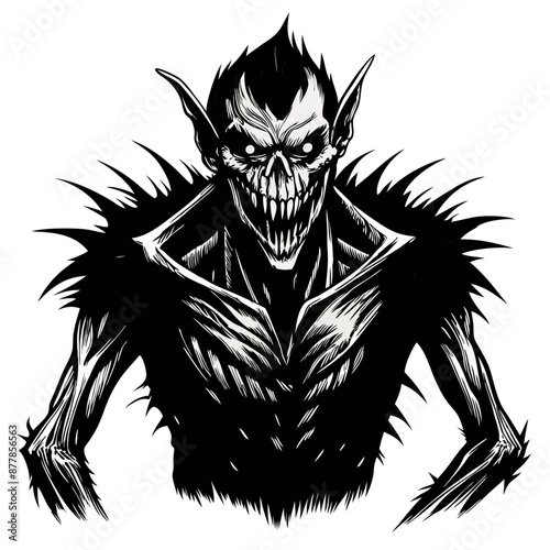 Terrifying Monster with Spiky Hair and Sharp Teeth in Black and White Illustration