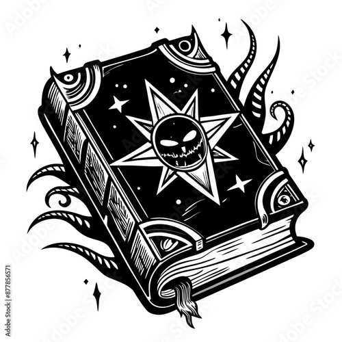 Mystical Spell Book with Celestial Design and Tentacles in Black and White Illustration