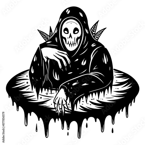 Grim Reaper Emerging from Darkness   Creepy Skull Hooded Figure Illustration