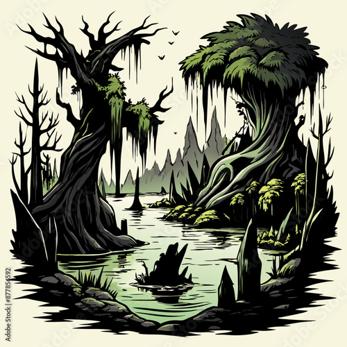 Mysterious Enchanted Swamp Landscape with Ancient Trees and Misty Waters