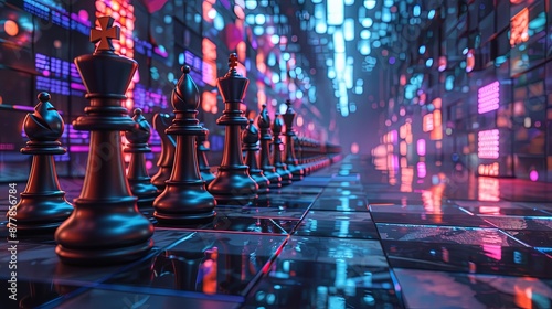 Black Chess Pieces on a Neon Lit Chessboard